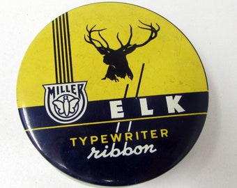 Vintage Elk Typewriter Ribbon Tin Miller Bryant Pierce Round Tin Desk Storage Stag Royal Antique