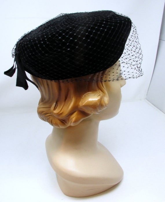 Vintage Black Velvet Pillbox Hat with Grosgrain R… - image 1