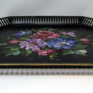 Large Vintage Ottoman Tray Black Tole Painted Extra Large Floral Flowers Gorgeous Rectangular image 6