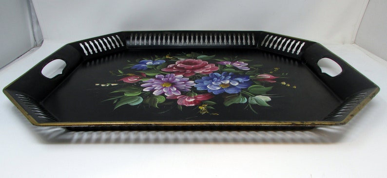 Large Vintage Ottoman Tray Black Tole Painted Extra Large Floral Flowers Gorgeous Rectangular image 6