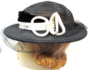 Vintage 1940s Hat Black Shaped Wide Brim w Velvet Appliques Net Veil - Hey Viv Vintage 1940s Hat Black Shaped Wide Brim w Velvet Appliques  main image 4