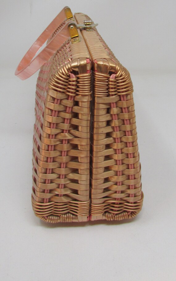 Vintage 1960s Pink Wicker Purse Handbag with Luci… - image 3