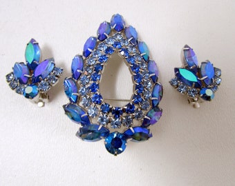 Sarah Coventry Juliana D & E Blue Lagoon Rhinestone Brooch Pin Earrings Demi Parure Set Vintage Jewelry Estate Jewelry