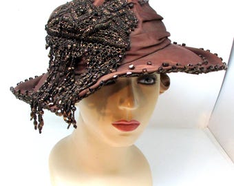 Edwardian Hat Brown Satin Glass Beads Gorgeous Antique Downton Abbey Era Hat Kentucky Derby Royal Wedding Movie Prop Costume Vintage Hat