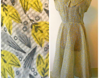 Vintage Full Dress Sheer Lucy Dress Full Skirt Seersucker Yellow Grey White 1950s