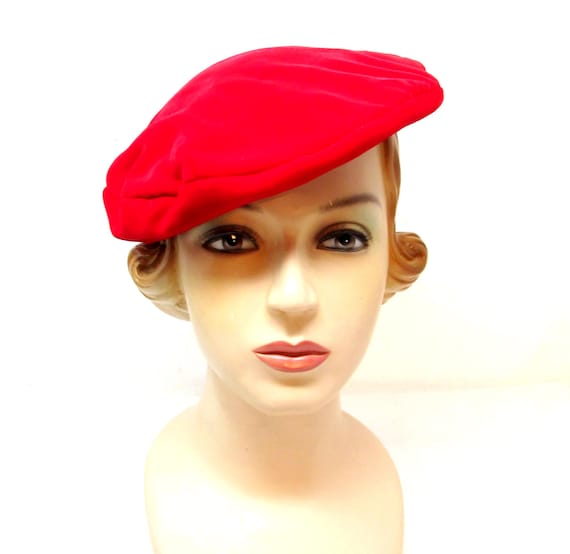 Vintage 1950s Red Velvet Beret, Clover Lane Parisian Hat 