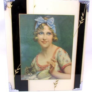 Cornice Art Déco vintage, dipinta sul retro color crema, oro e nero, stampa modello anni '30