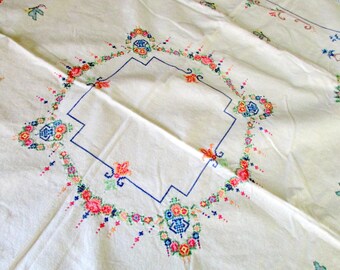 Vintage 1940s Hand Embroidered Linen Tablecloth 46" Square Floral Urns Greek Key Border Tea Bridge Cloth