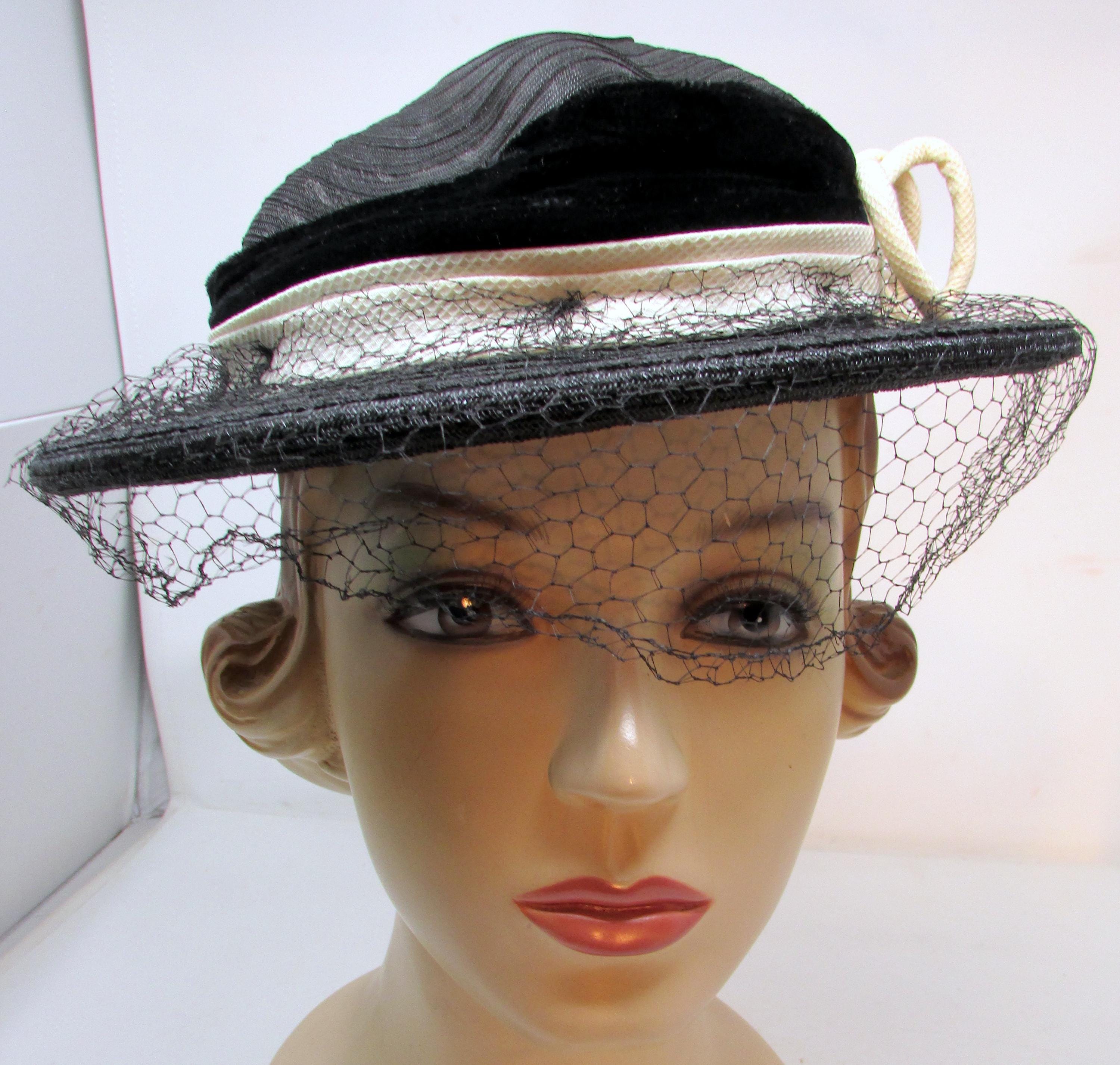 MARVELOUS 1940s\' BLACK STRAW TILT HAT WITH CREAM GROSGRAIN BAND/TASSELS + VEIL 40s Tall Crown Tilt Hat by Kurt Richard - Cream Cello Straw  main image 4