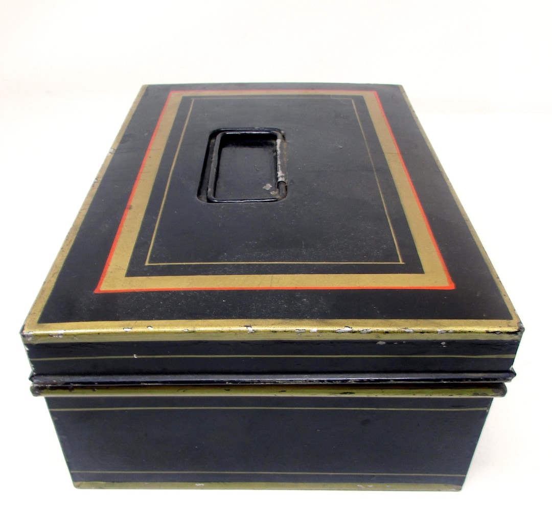 Vintage 1930s Black Metal Cash Box With Painted Red & Gold Trim – Metal ...