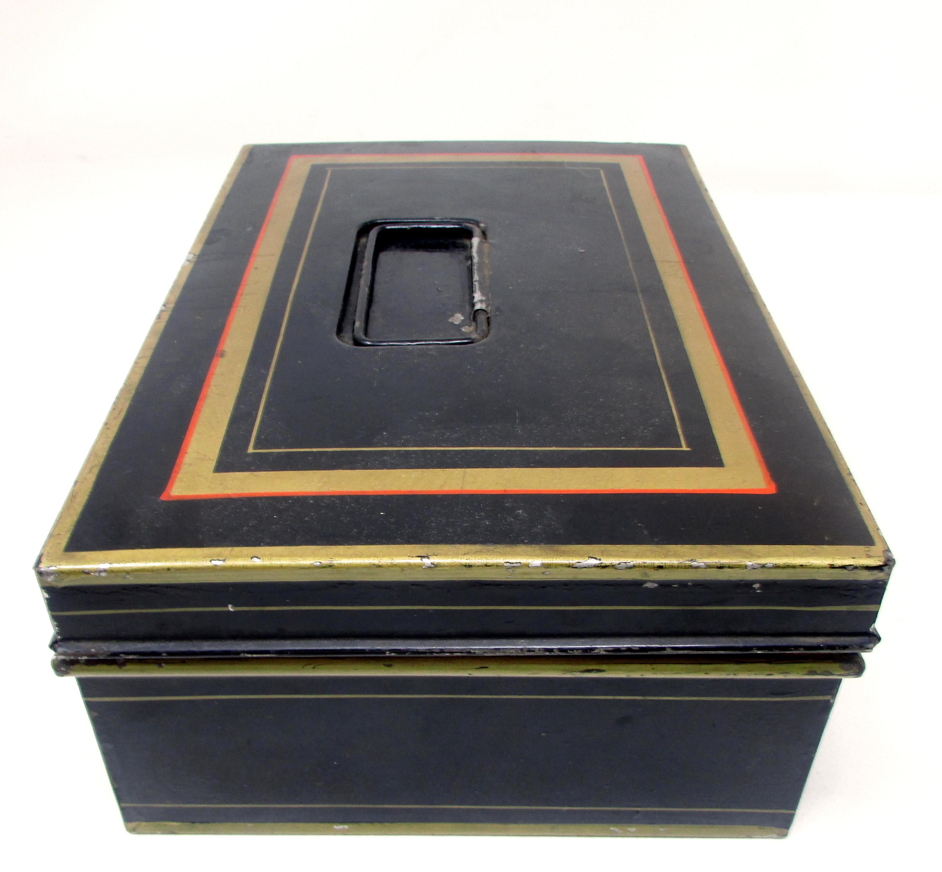 Vintage 1930s Black Metal Cash Box With Painted Red & Gold Trim