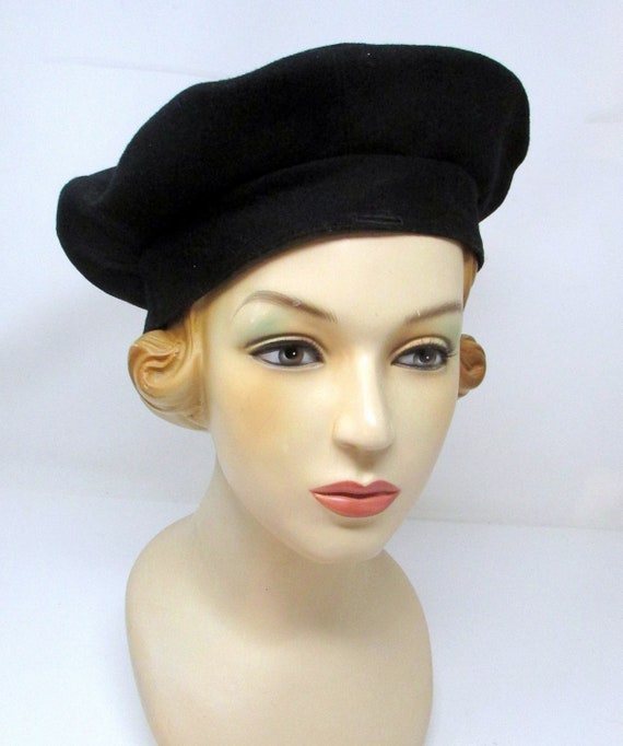 Vintage Beret Sailor Hat Cap Black Wool 