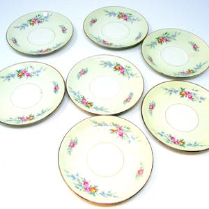 Vintage Homer Laughlin Plates Eggshell Nautilus Saucers Lot of 7 Pink & Yellow roses Ferndale Tea Party Floral Dishes Farmhouse Table Decor