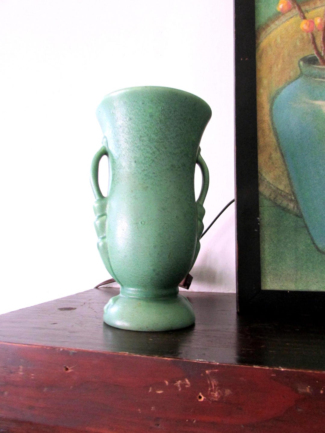 Vintage Matte Green Art Pottery Vase Amphora Form Applied Handles Arts ...