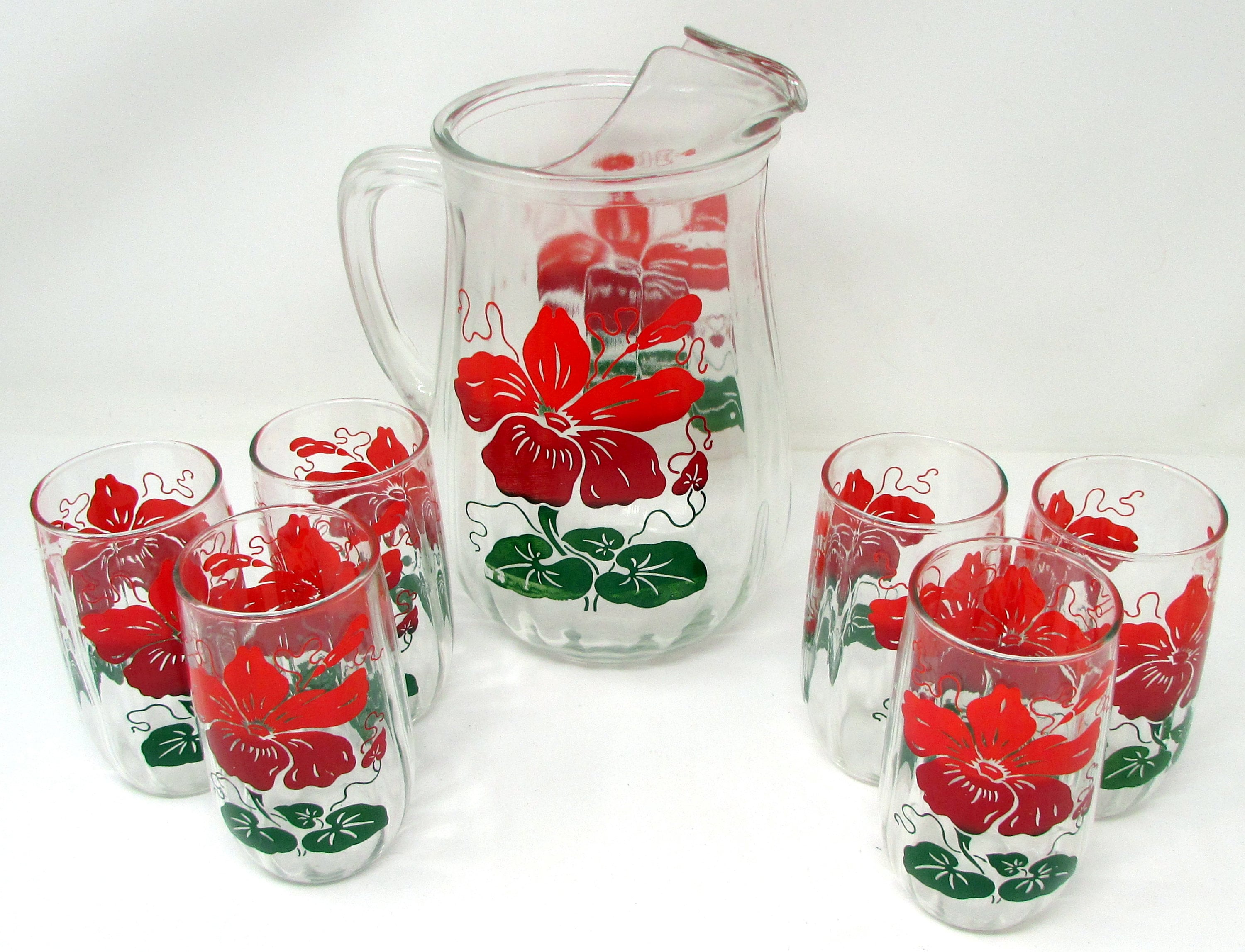 Dining, Vintage Sun Tea Juice Pitcher Red Graphic Ice Lip 6 Matching Glass  Tumblers