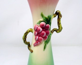 Vintage "Tokay" Grapes Ceramic Vase by Hull Pottery NOTE: Chips on back of handle Tall Vase Pink and Green Tokay USA