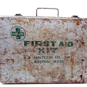 Vintage Industrial First Aid Kit – HALCO Metal Wall-Mount Box with Original Supplies – Medical Decor or Prop Use 1960s Medicine