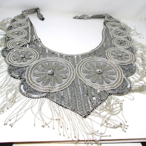Vintage Beaded Cape Capelet Shawl Sexy  Black and Silver Beads and Sequins Fringe Wedding Flapper Gorgeous