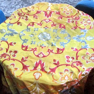 Antique Piano Shawl Table Cloth Satin Orange Blue Silk Fringe Square Made in Italy Vintage Italian Table Cover Topper Square Gold Blue