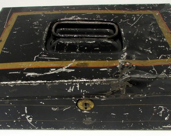 Vintage Metal Cash Box Black Tin Antique Black Metal Box Industrial Rustic