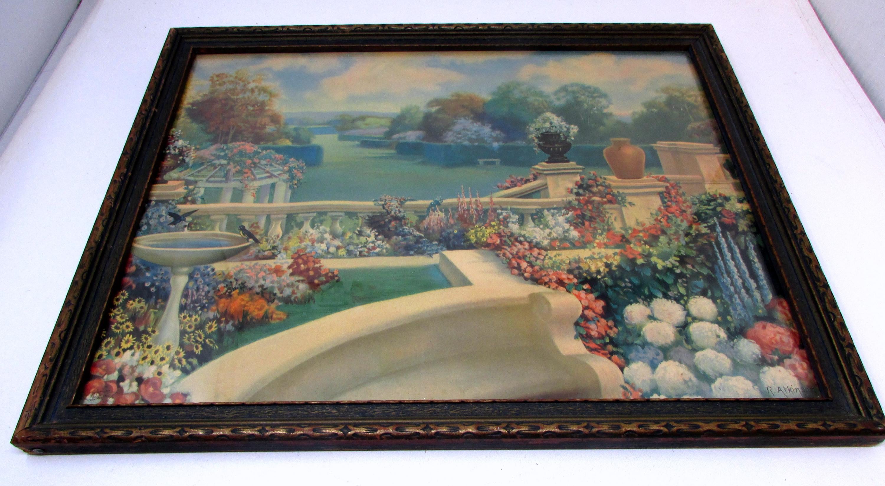 Vintage R. Atkinson Fox Print – Framed Garden Courtyard, Art Deco