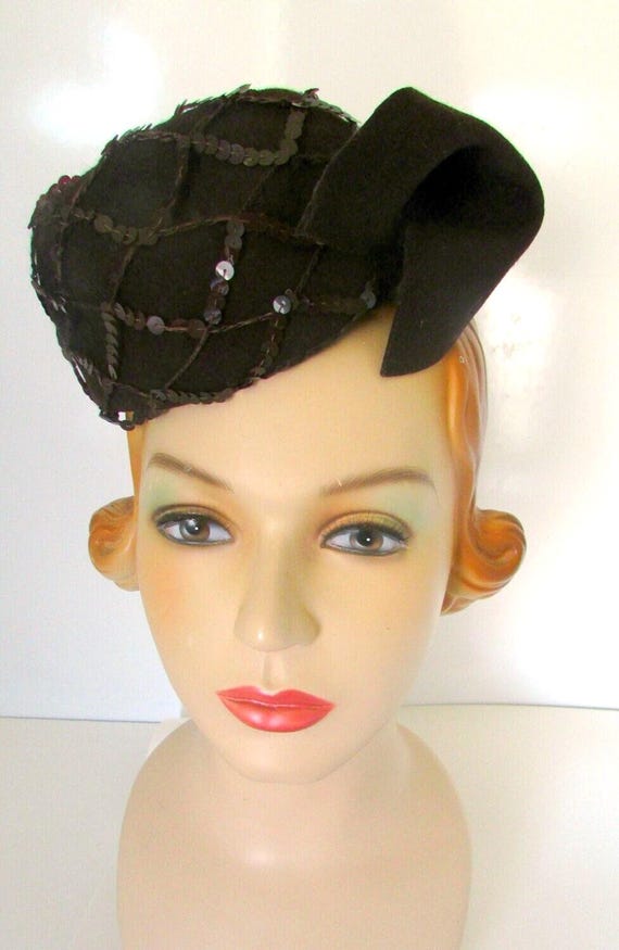 Vintage Tilt Hat 1940s WWII Era Min Hat Brown Felt Sequins 