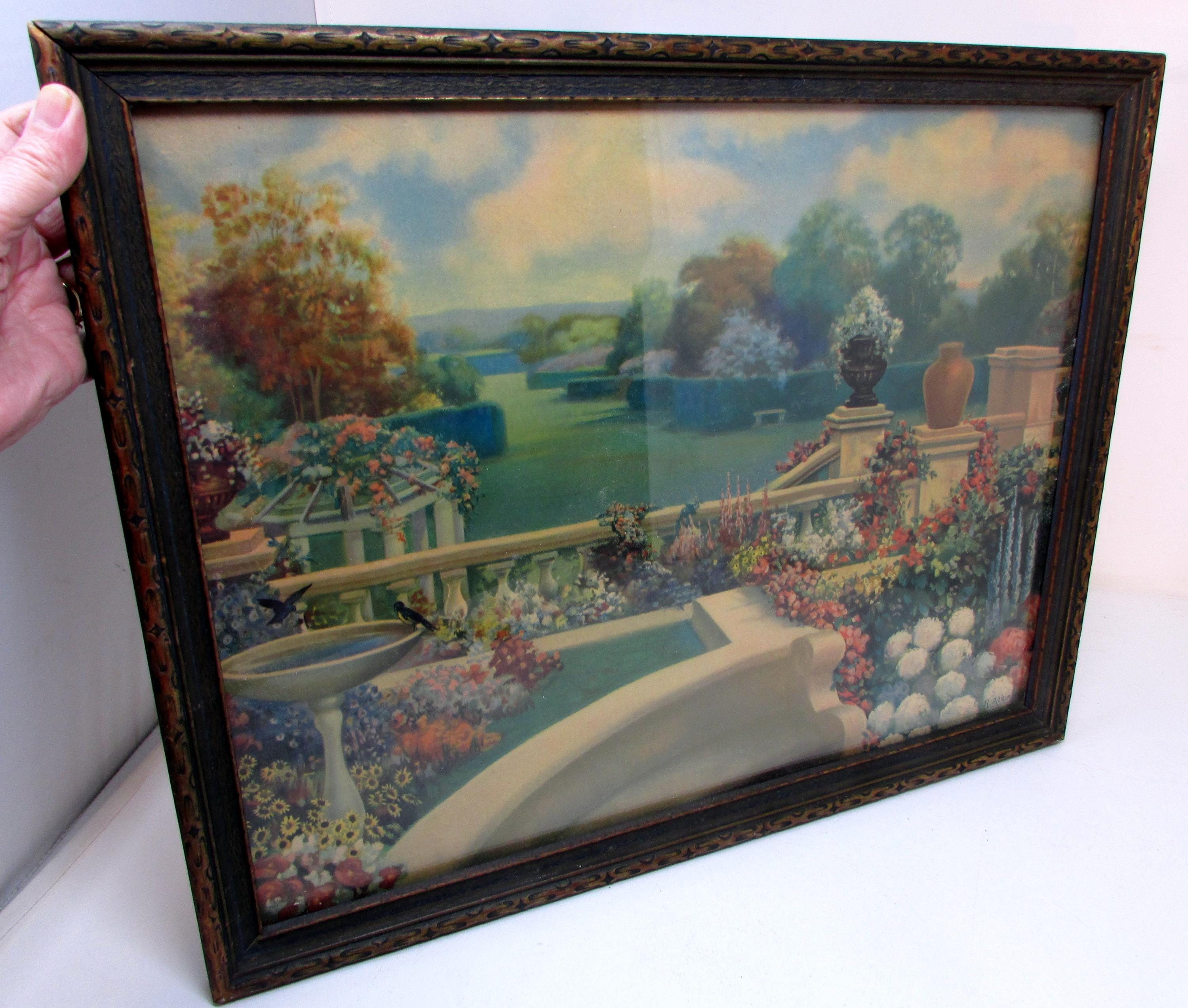 Vintage R. Atkinson Fox Print – Framed Garden Courtyard, Art Deco