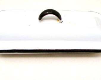 Vintage White Enamel Medical Tray: Black Trim, Lid, 9 Inch
