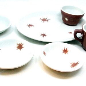 Stoviglie da ristorante vintage Mayer Pink Starburst China, set da 6 tazze, piatti e ciotole, Atomic Starburst China, piatti MCM Mid Century