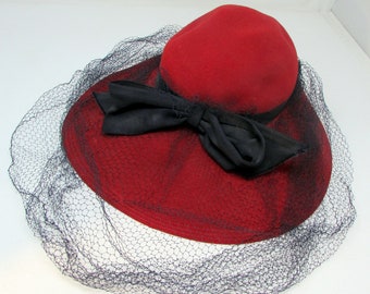 Vintage Wide Brim Red hat with Veil and Big Bow