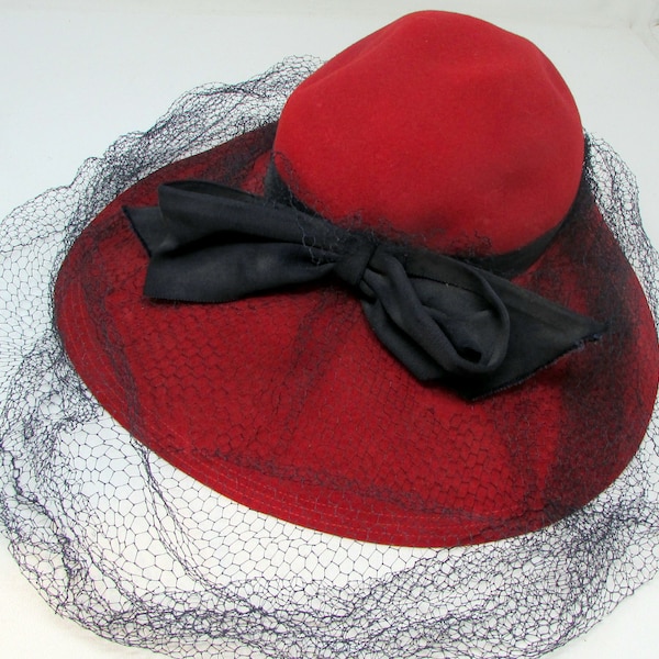Vintage Wide Brim Red hat with Veil and Big Bow