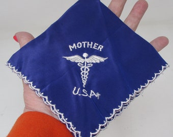 Vintage WWII-era Mother Hankie with Medical Military Insignia USA Silk Embroidery on Blue Satin Hanky Hankerchief Handkerchief