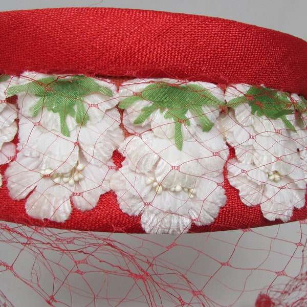 Vintage Red Hat with White Flowers and Veil - Super Cute 1960s Formal Hat Red Hat Society White Flowers Floral Hat