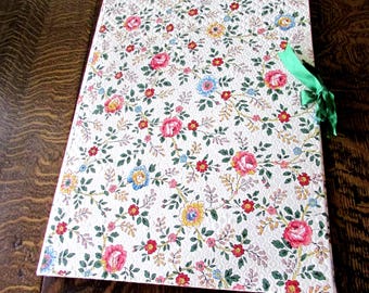 Vintage Floral Oilcloth Linen Folio Document Storage Portfolio Ribbon Tie Cottage Organizer