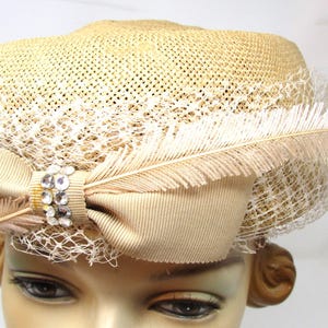 Vintage Hat with Rhinestone garnished Bow and feather Adorable 1950s Hat Summer Hat Straw