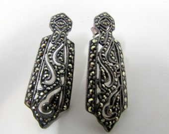 Vintage Marcasite Dangle Earrings Sterling Pierced Earrings Art Deco Gorgeous