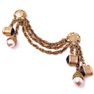 Vintage Adele Simpson Chatelaine Brooch: Faux Pearl, Amethyst Glass, Roman Coin