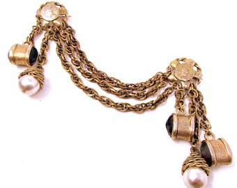 Vintage Adele Simpson Chatelaine Brooch: Faux Pearl, Amethyst Glass, Roman Coin
