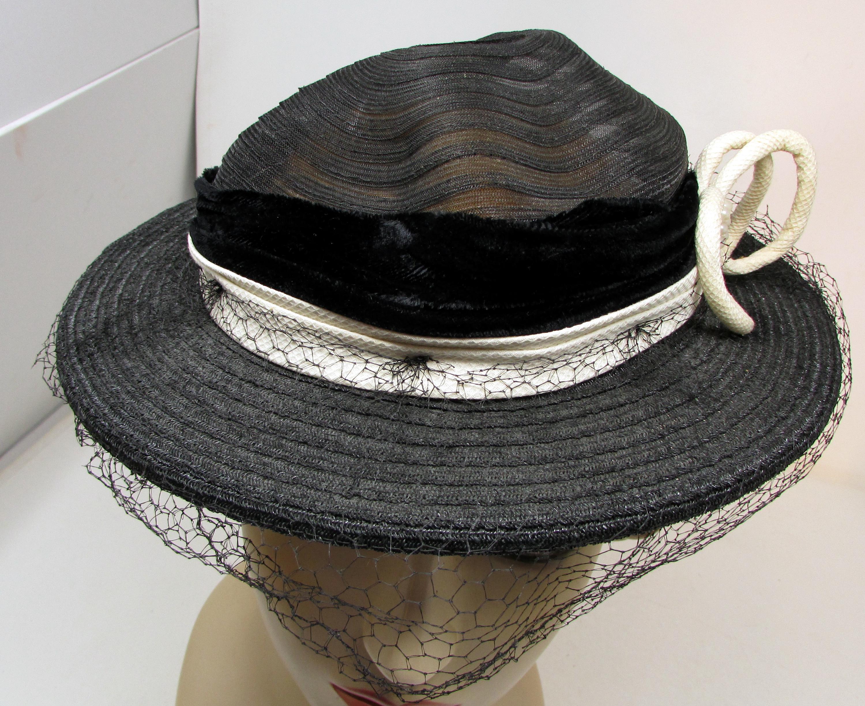 Vintage 1940s Black Straw Tilt Hat With Veil, Velvet Band - Etsy display picture 2