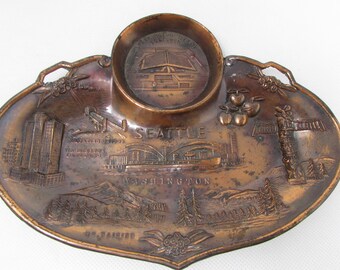 Seattle Washington Copper Souvenir Dresser Tray Mount Rainier Colliseum Totem Pole Apples Floating Bridge Pref 1962 Memorabilia 1950s