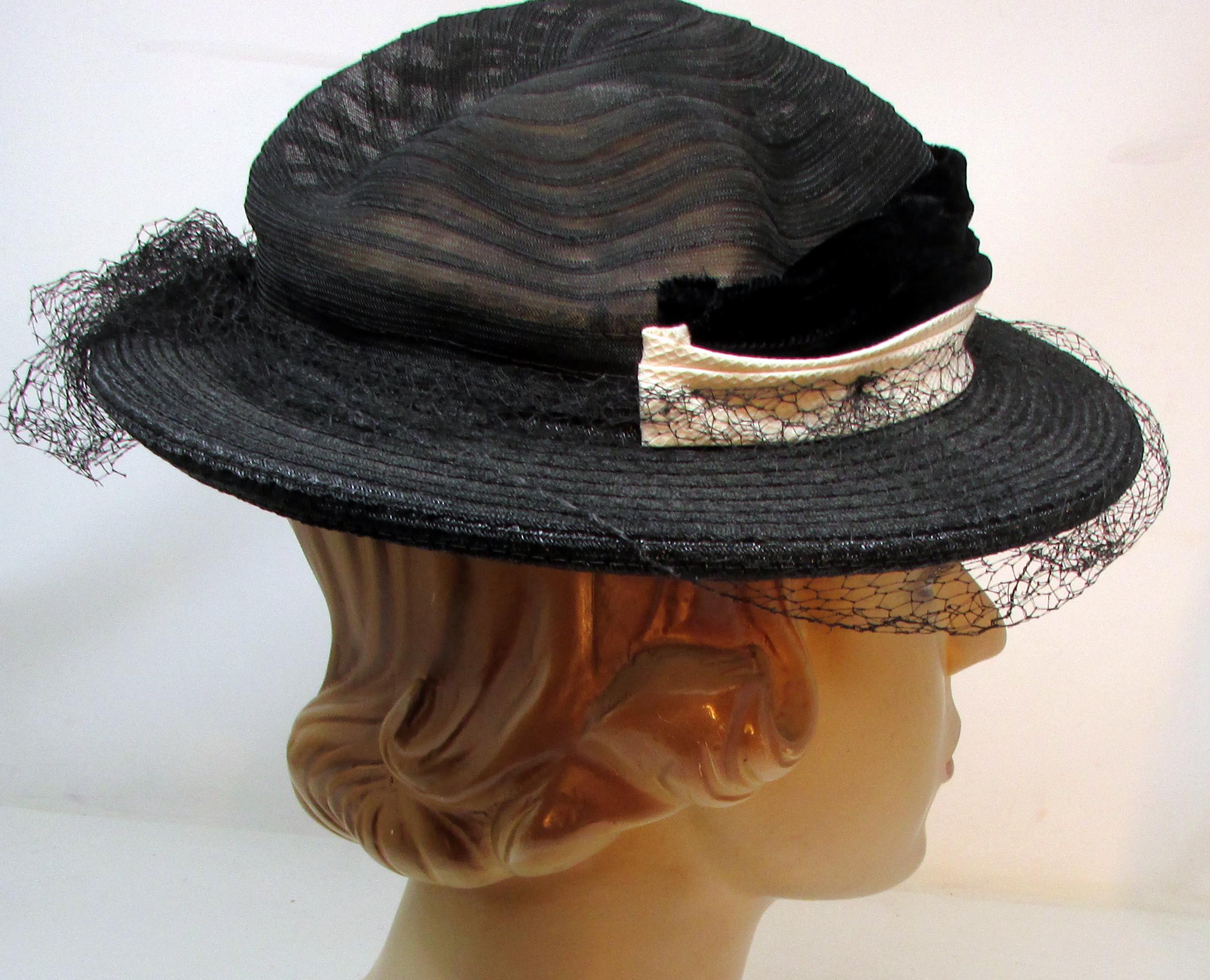 Vintage 1940s Black Straw Tilt Hat With Veil, Velvet Band - Etsy display picture 3