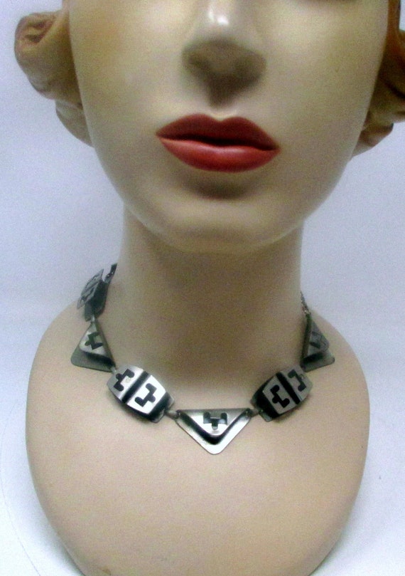 Vintage Egyptian Style Costume Necklace Silver Me… - image 2