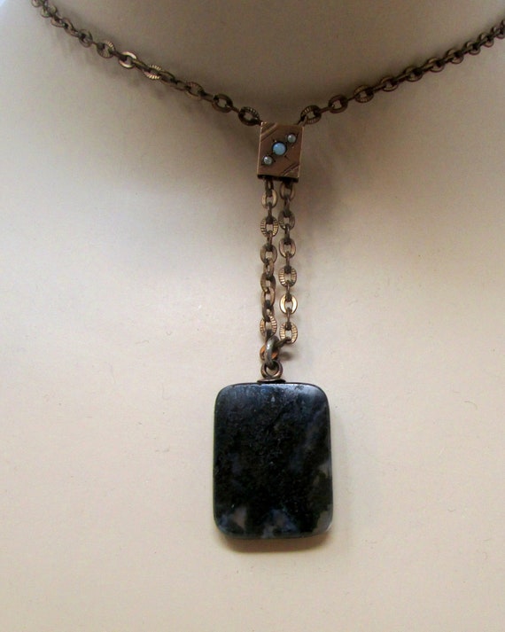 Vintage Moss Agate Necklace With Slide Green Moss… - image 4