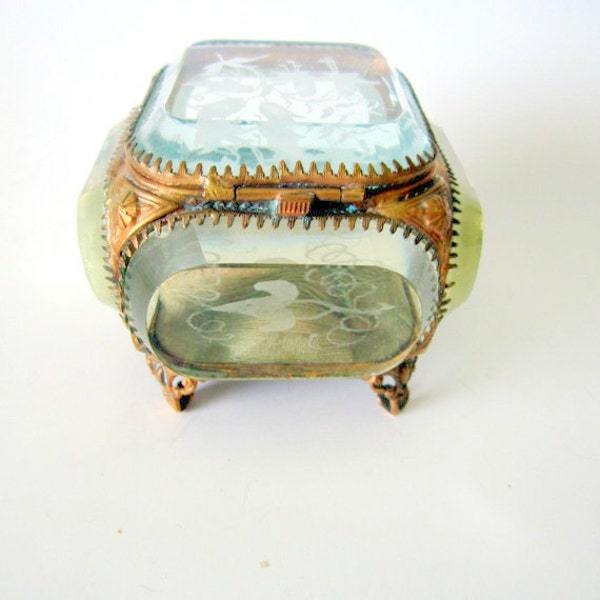 Antique Jewelry Casket Box Victorian French Ormolu Gilt Beveled Glass Jewelry Trinket Casket Box