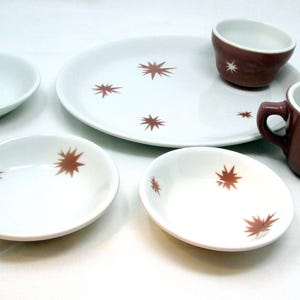 Vintage Restaurantware Mayer Pink Starburst China Restaurant Ware 6 pieces cup platter bowls Atomic Starburst China MCM Mid Century Dishes