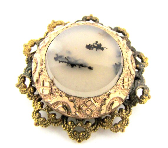 Victorian Brooch Moss Agate 19th century Vintage Estate Jewelry Gold Filled