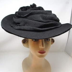 Victorian Kentucky Derby Hat Old West Style Hat Authentic Wide Brim Hat Black with Silk Flounce Trim Vintage Hat Rare Antique Hat  Hat