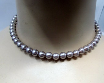 Vintage Faux Gray Pearls Choker Necklace Single Strand Grey Pearls