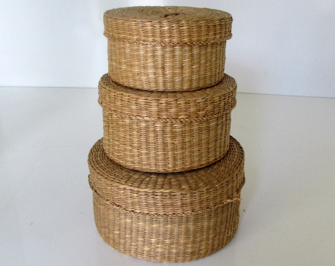 Vintage Rattan Nesting Baskets Set of 3 Round Nesting Baskets Etsy