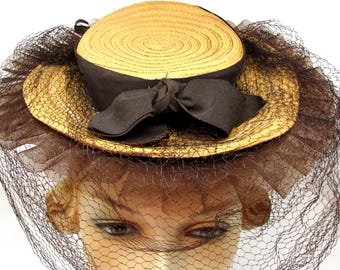 Vintage Tilt Hat 1940s WWII era  Mini Hat Straw with Brown Ruffle and  Grosgrain Ribbon Trim and Full face Veil Plus 3 Hat Pins